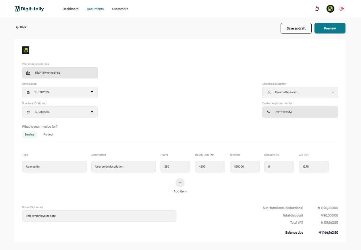 Service invoice