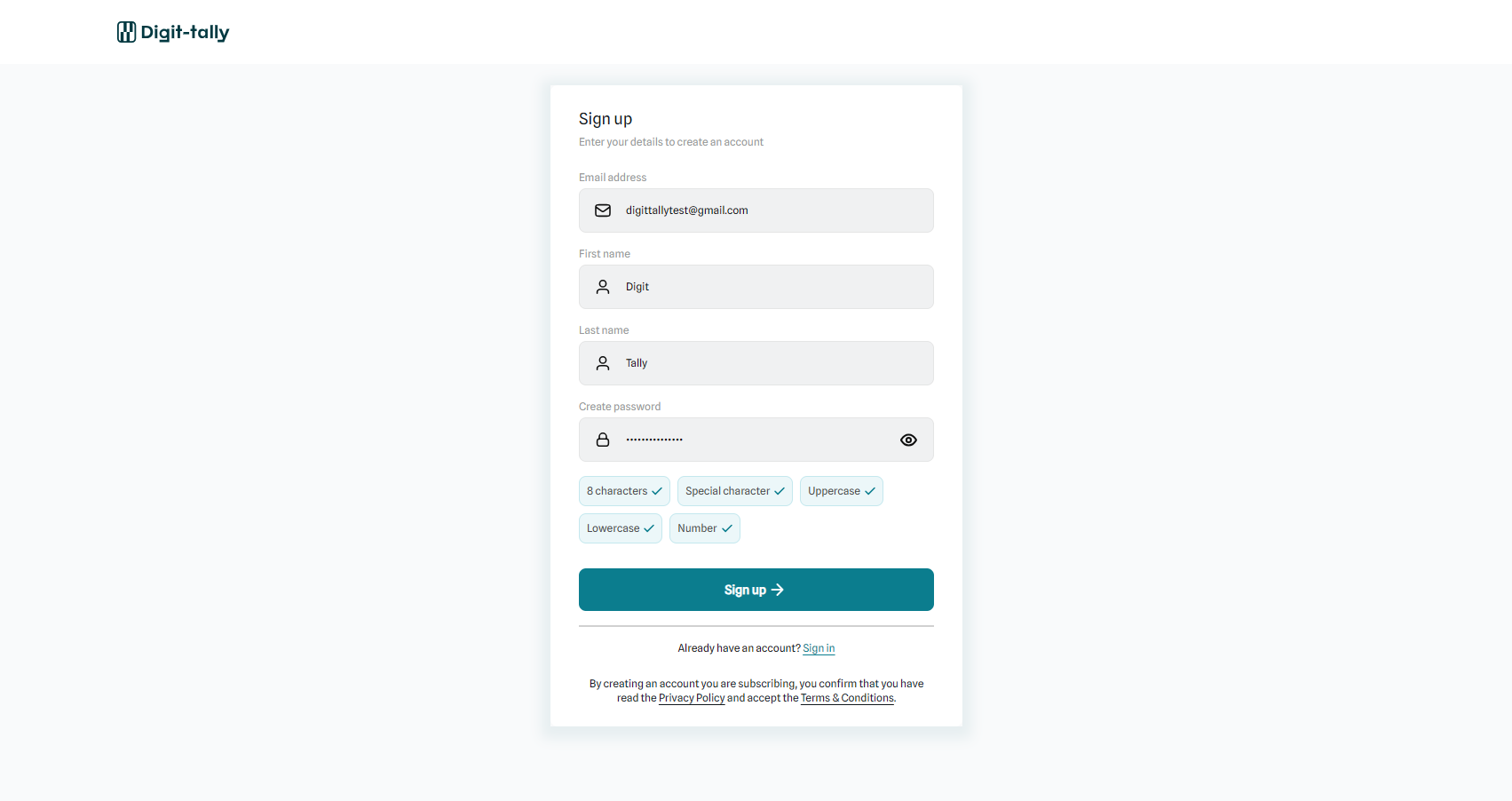 Signup page screenshot